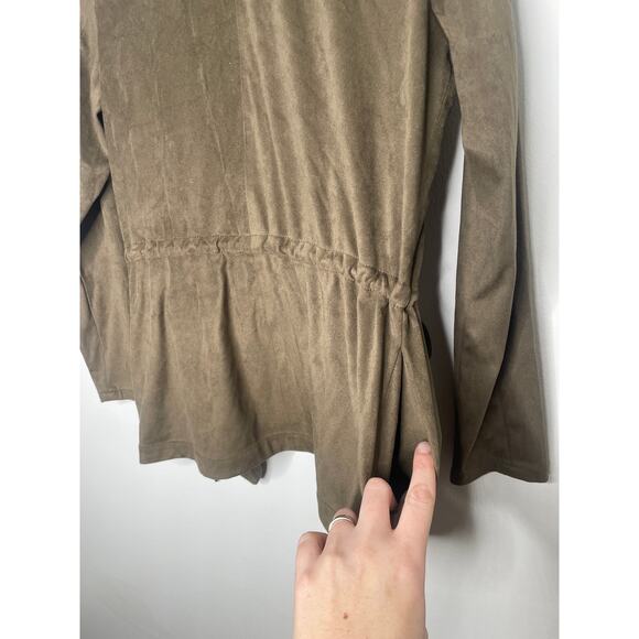 Blank NYC Faux Suede Draped Moto Jacket Small Olive Green Waterfall Open Front - Picture 8 of 11